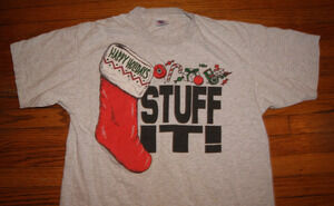 VTG 80s 90s Christmas Tee Stocking STUFF IT! Gray L TShirt Single Stitch USA